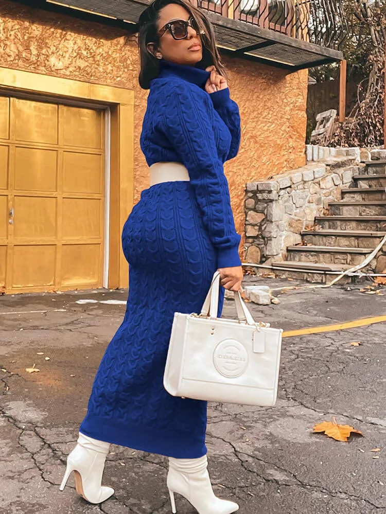Knit High Neck Long Sleeve Ribbed Midi Dresses