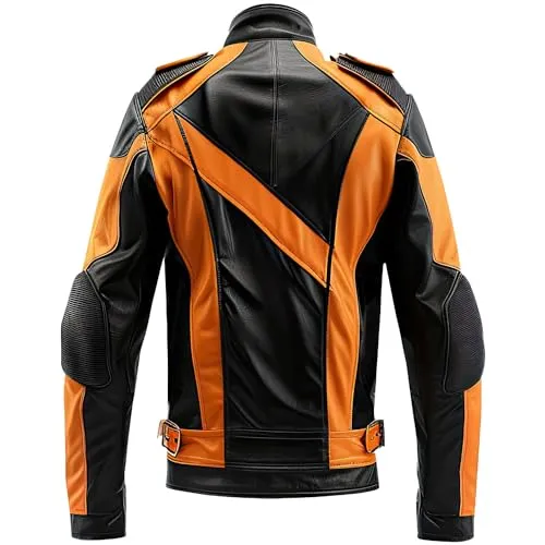 Leather Jets Mens Orange Black Genuine Sheepskin Stand Collar Warm Sporty Smooth Asymmetric Zipper Caf Racer Leather Jacket