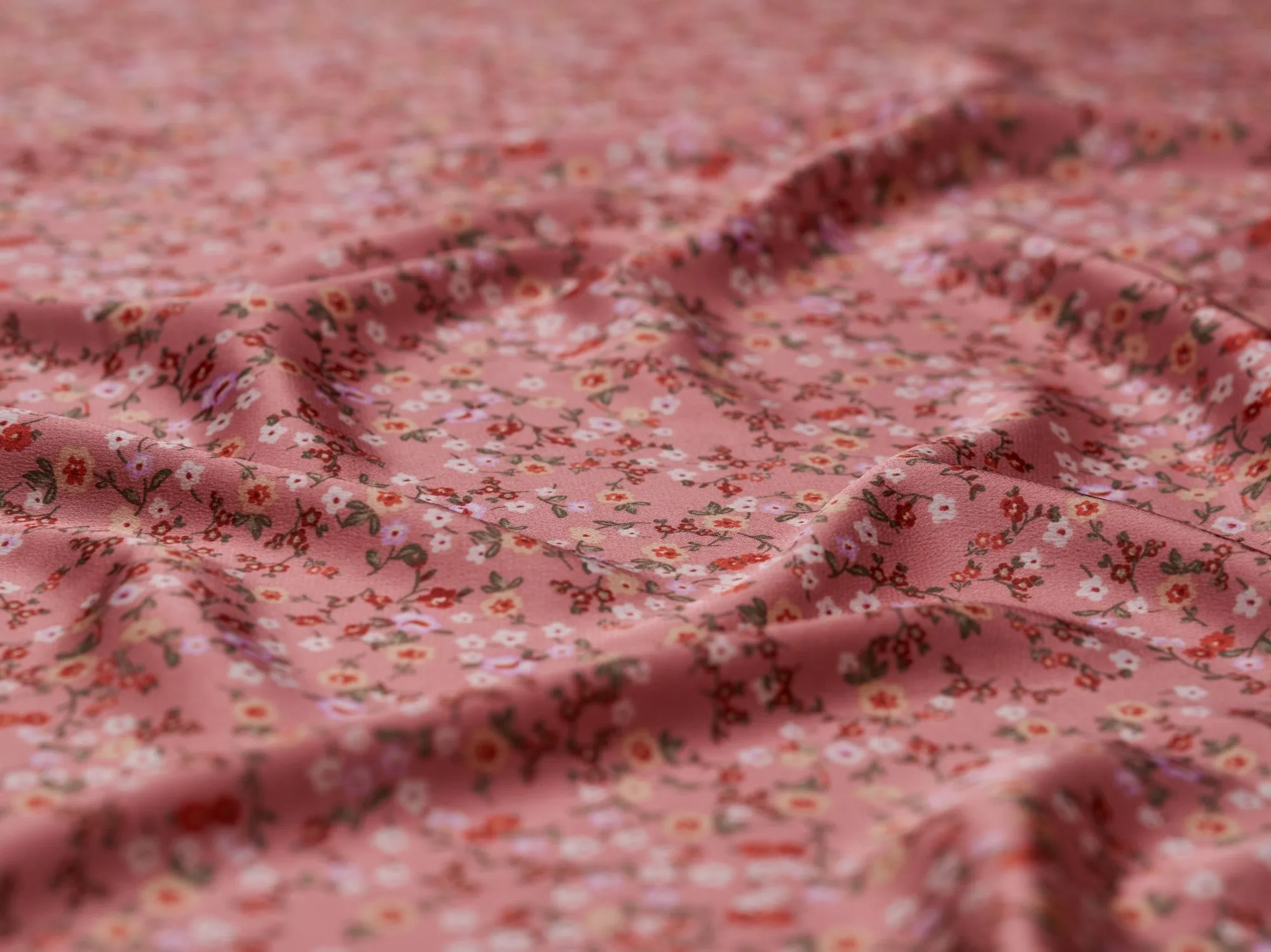 Lightweight  satin  dobby fabric by the yard - Dusty pink with red and yellow   dainty floral pattern