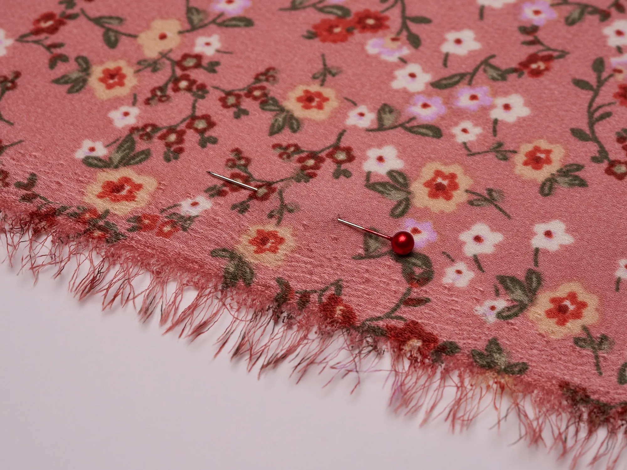 Lightweight  satin  dobby fabric by the yard - Dusty pink with red and yellow   dainty floral pattern