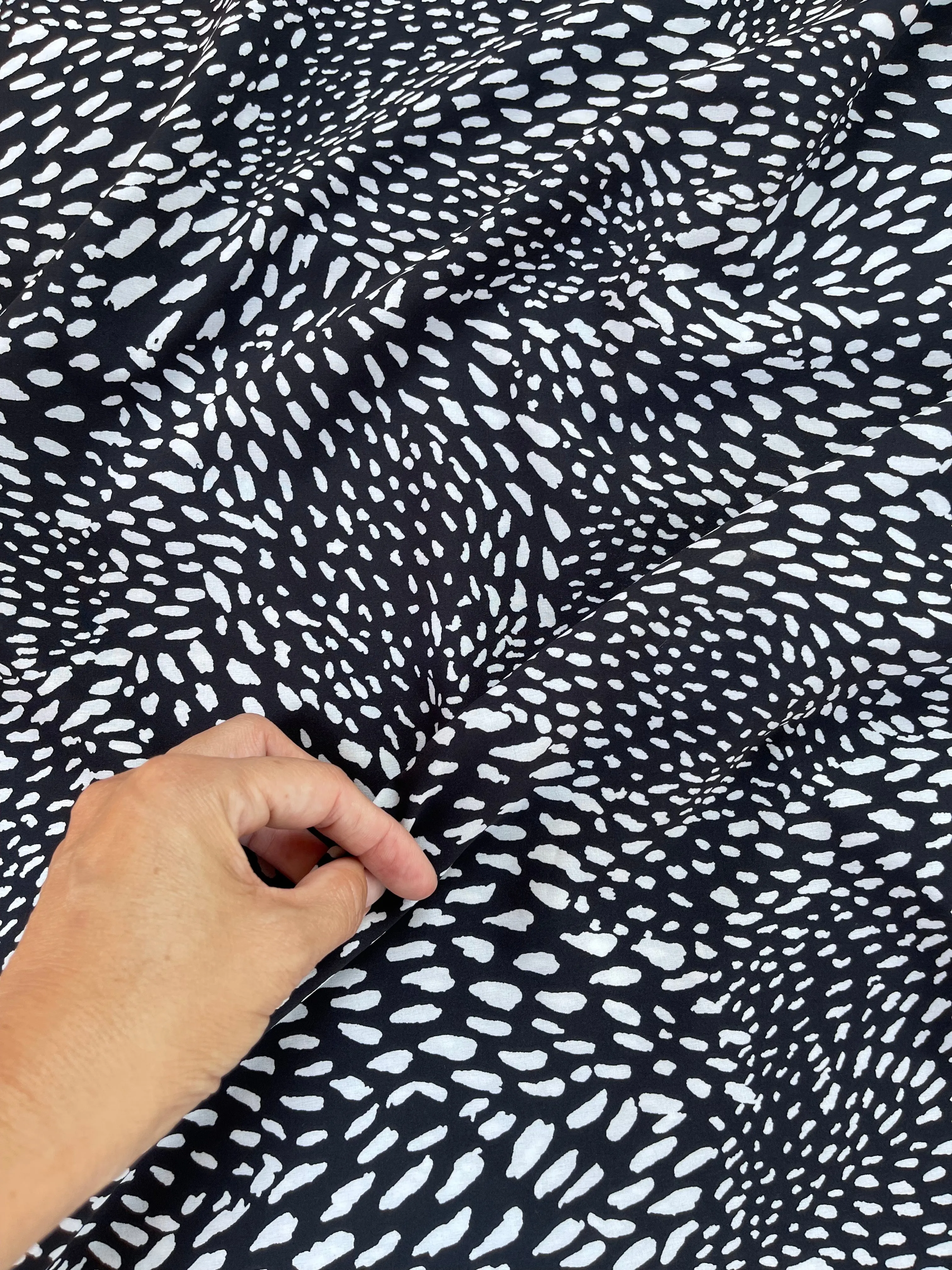 Lightweight  satin fabric by the yard - Black white multi dots