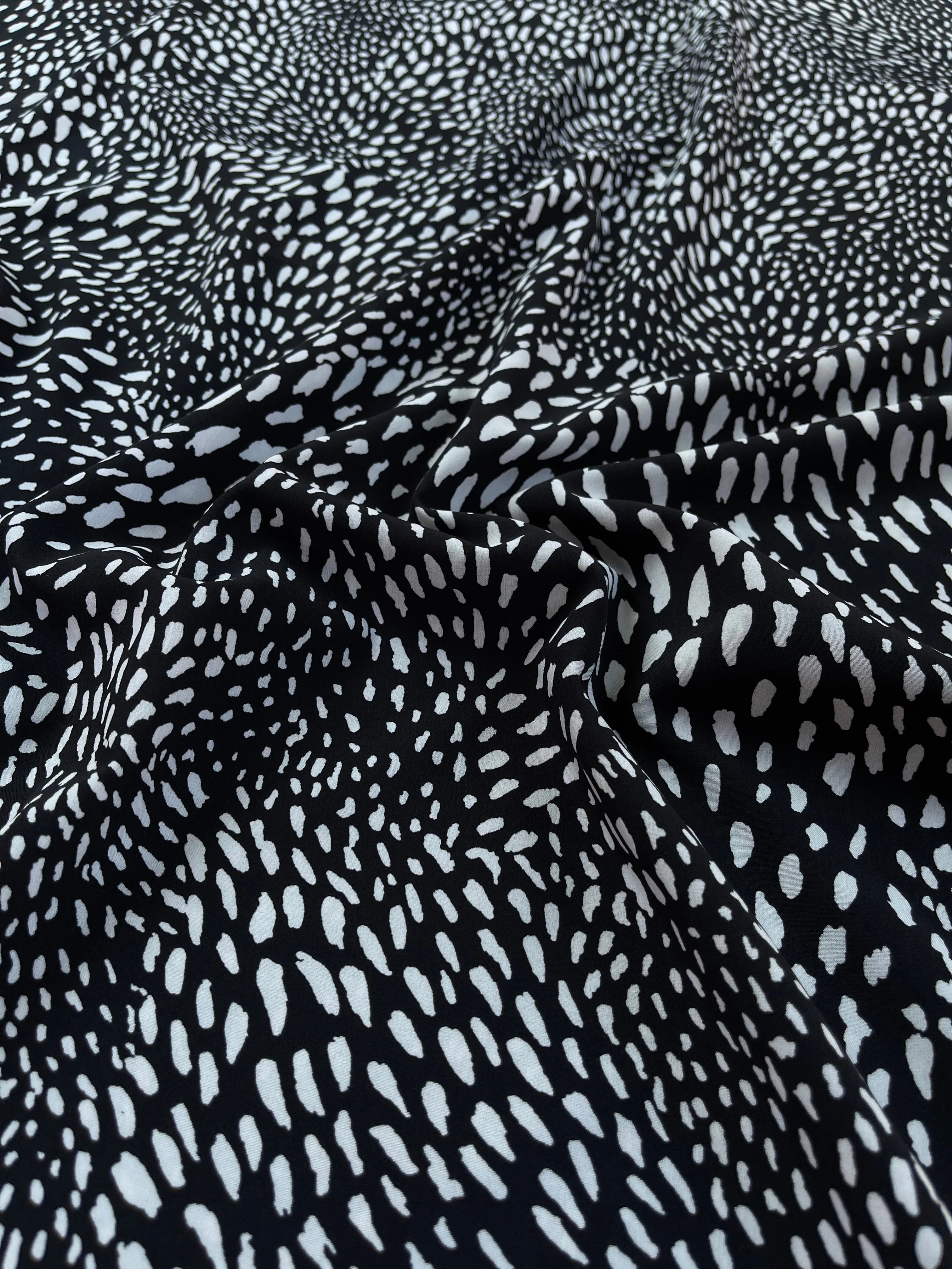 Lightweight  satin fabric by the yard - Black white multi dots