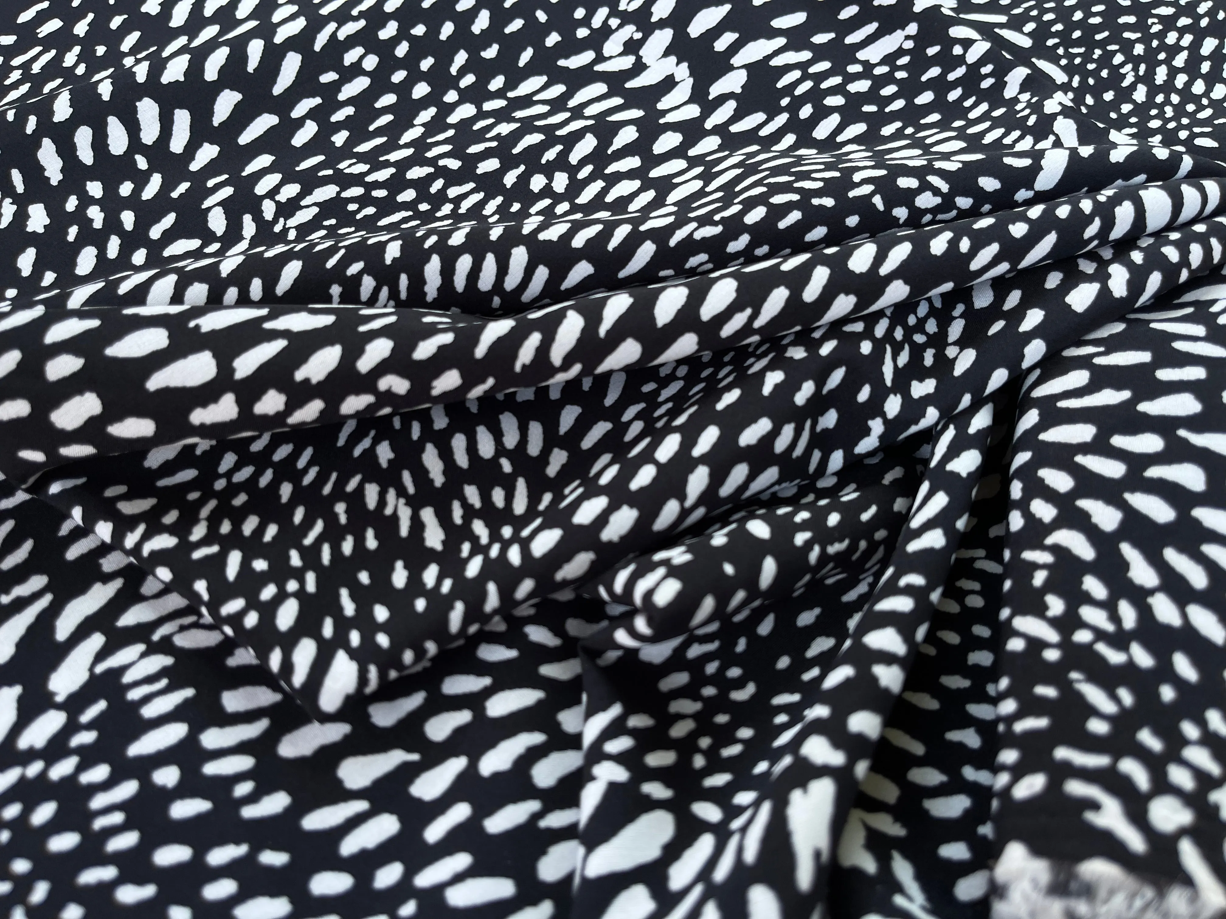 Lightweight  satin fabric by the yard - Black white multi dots