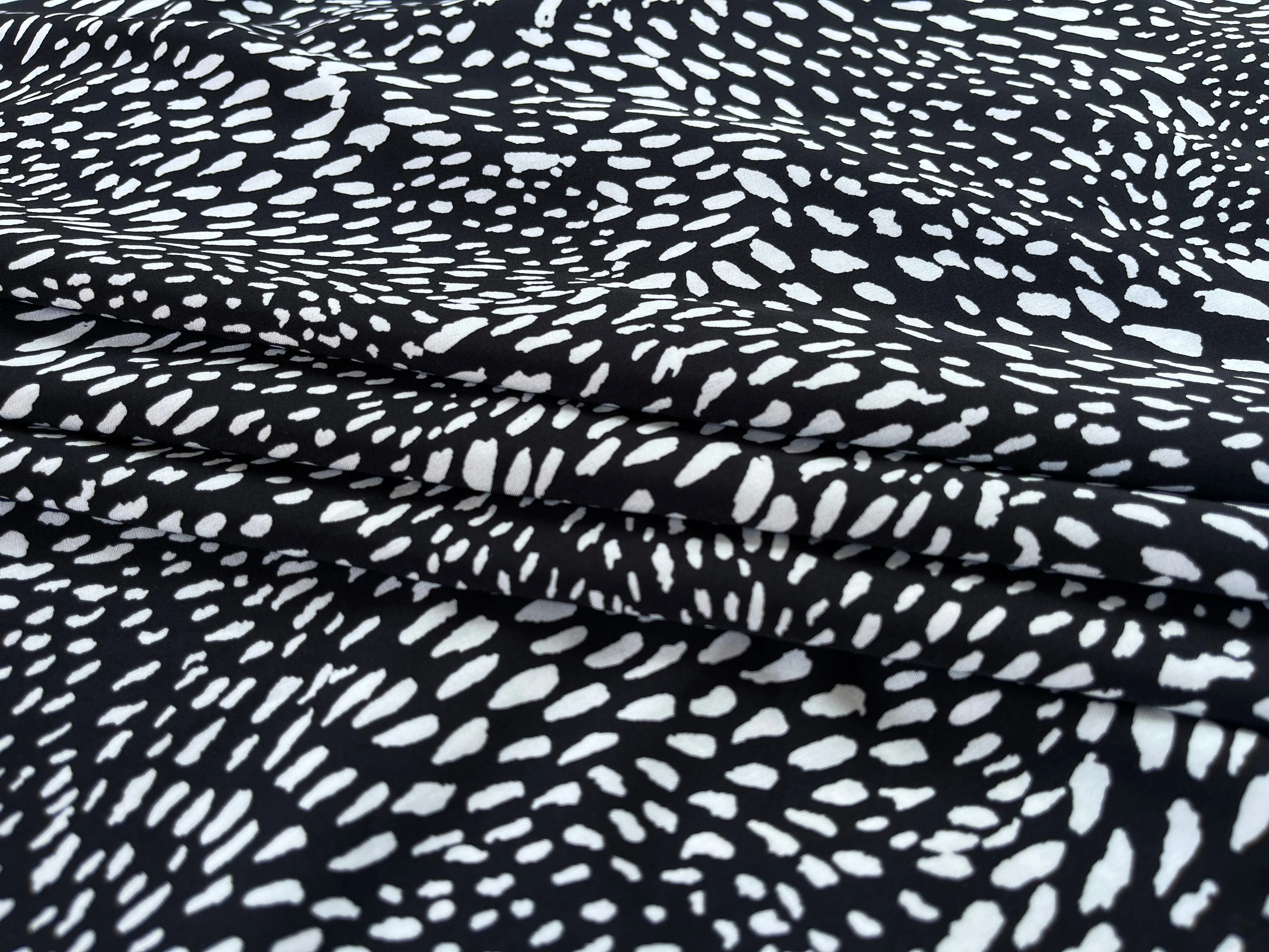 Lightweight  satin fabric by the yard - Black white multi dots