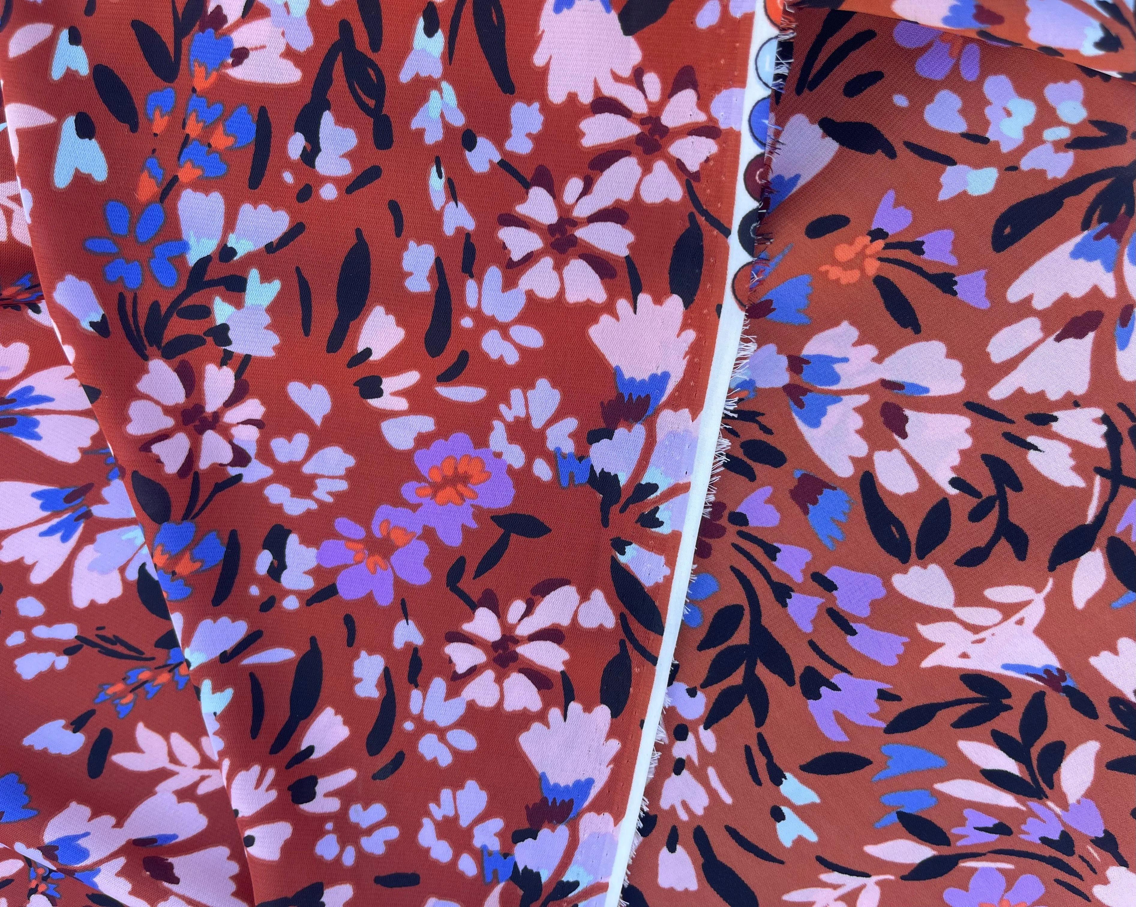 Lightweight  satin  fabric by the yard -  Blue copper floral    print