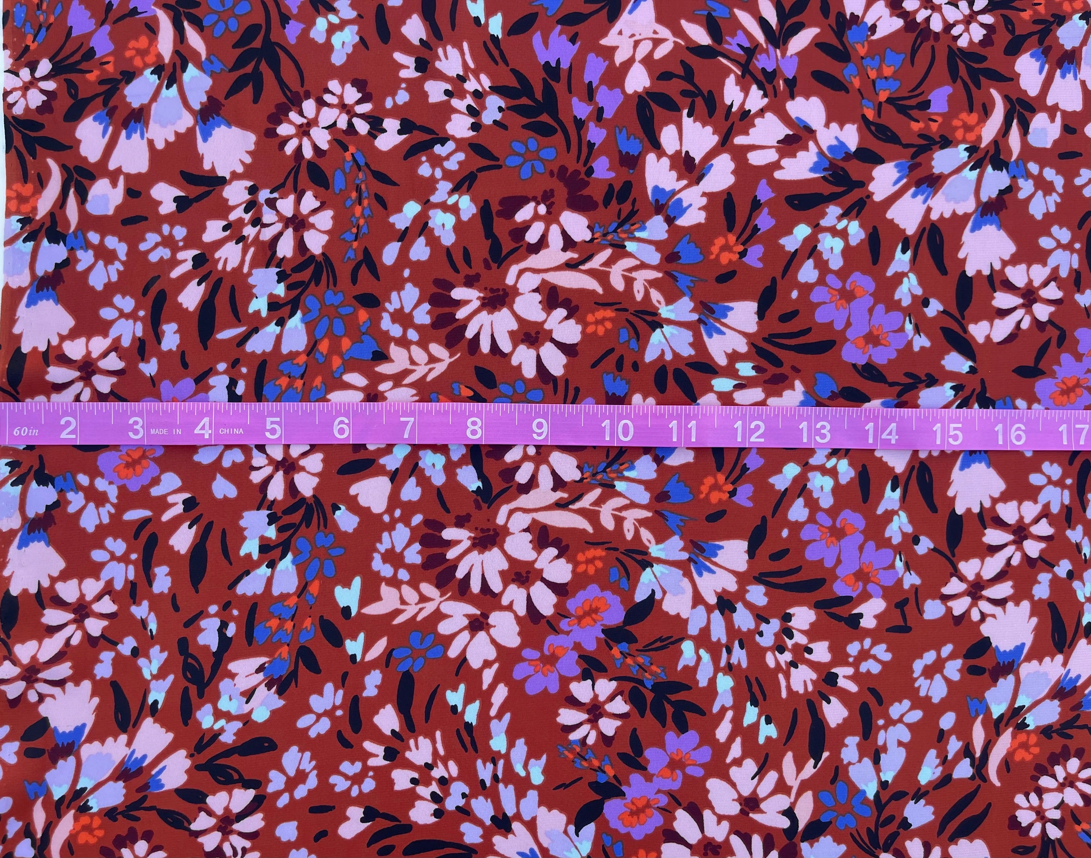 Lightweight  satin  fabric by the yard -  Blue copper floral    print