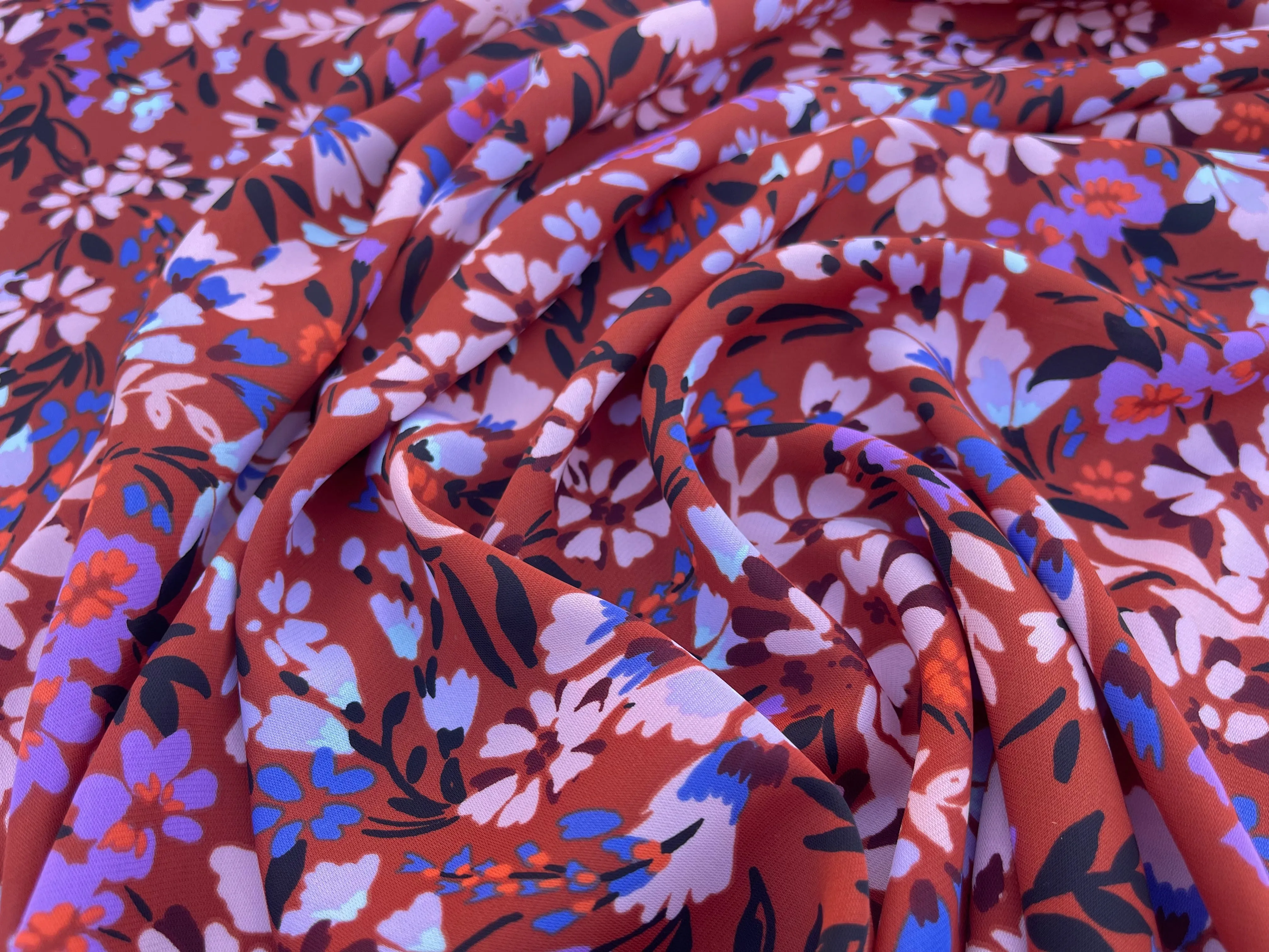 Lightweight  satin  fabric by the yard -  Blue copper floral    print