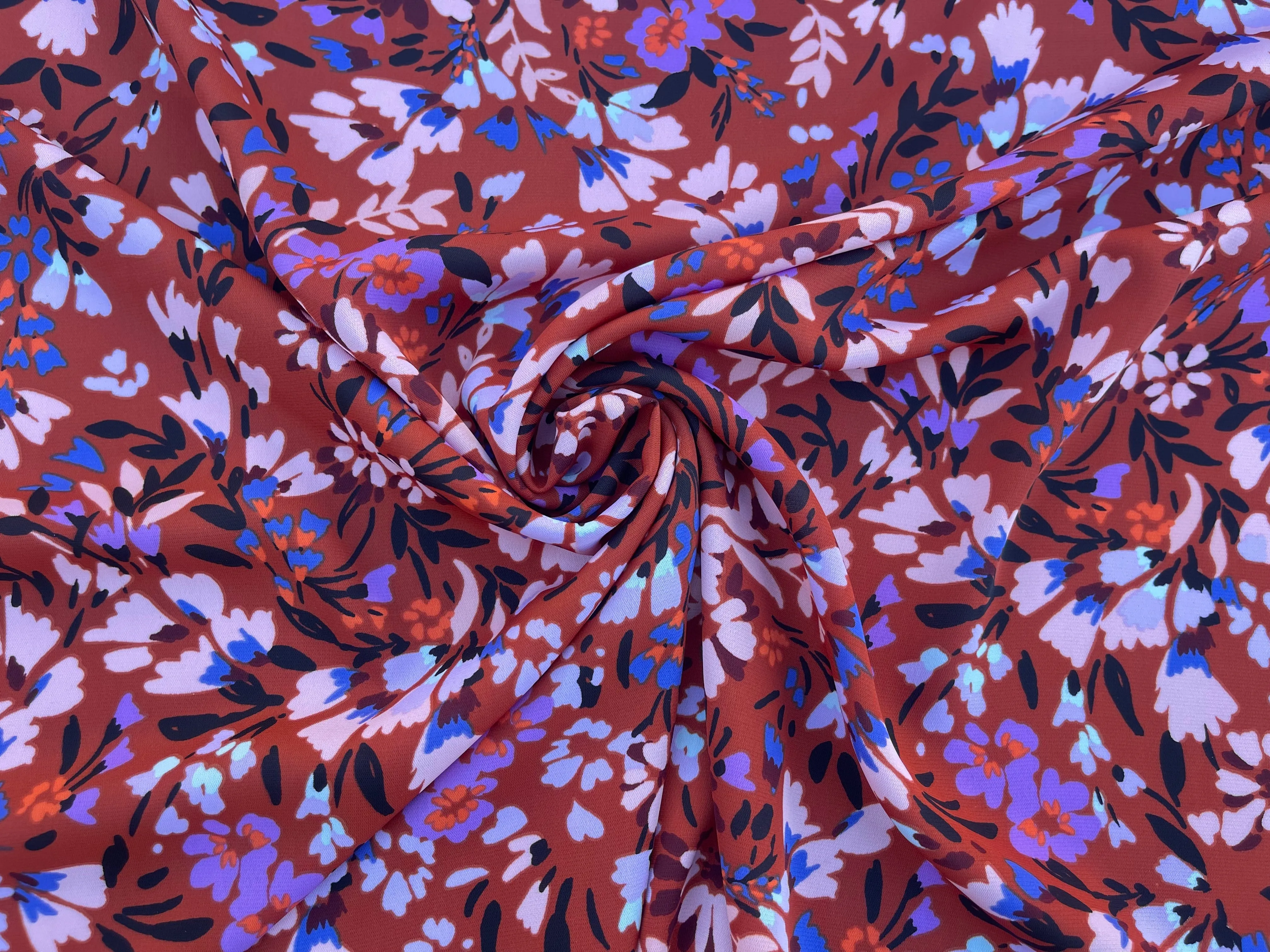 Lightweight  satin  fabric by the yard -  Blue copper floral    print