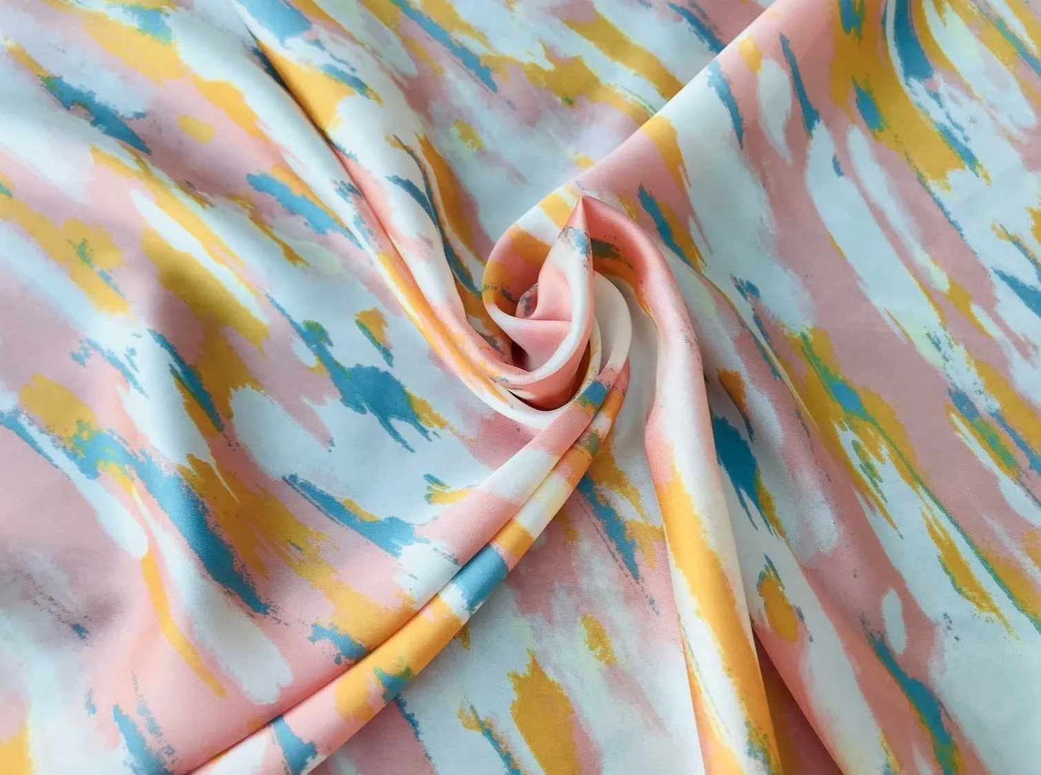 Lightweight  satin fabric by the yard - Coral yellow turquoise watercolor