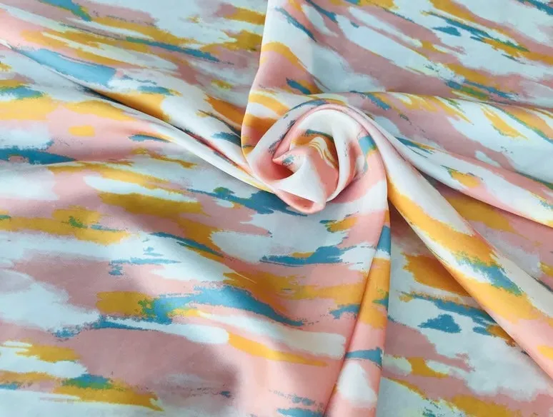 Lightweight  satin fabric by the yard - Coral yellow turquoise watercolor