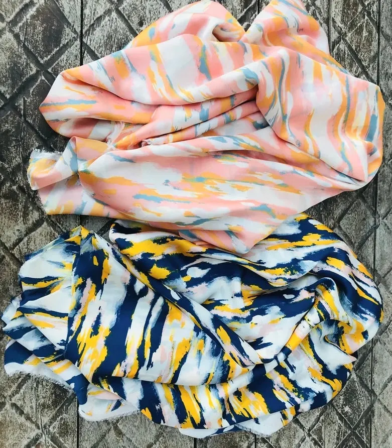 Lightweight  satin fabric by the yard - Coral yellow turquoise watercolor