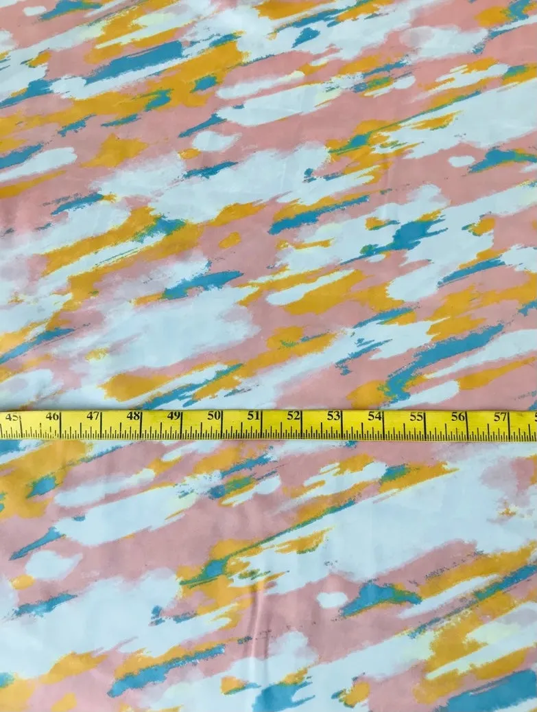 Lightweight  satin fabric by the yard - Coral yellow turquoise watercolor