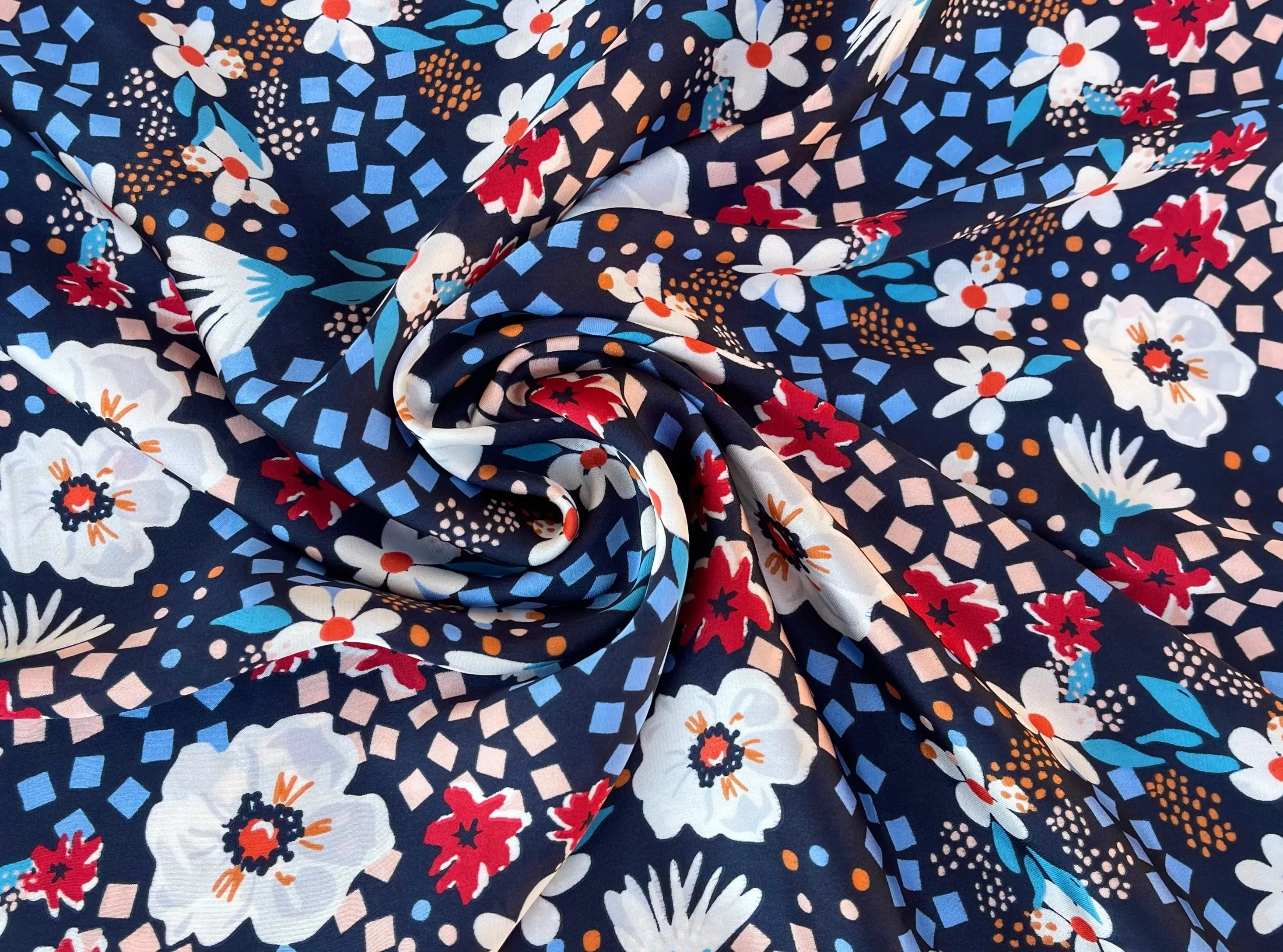Lightweight  satin fabric by the yard - Navy blue red   floral  print