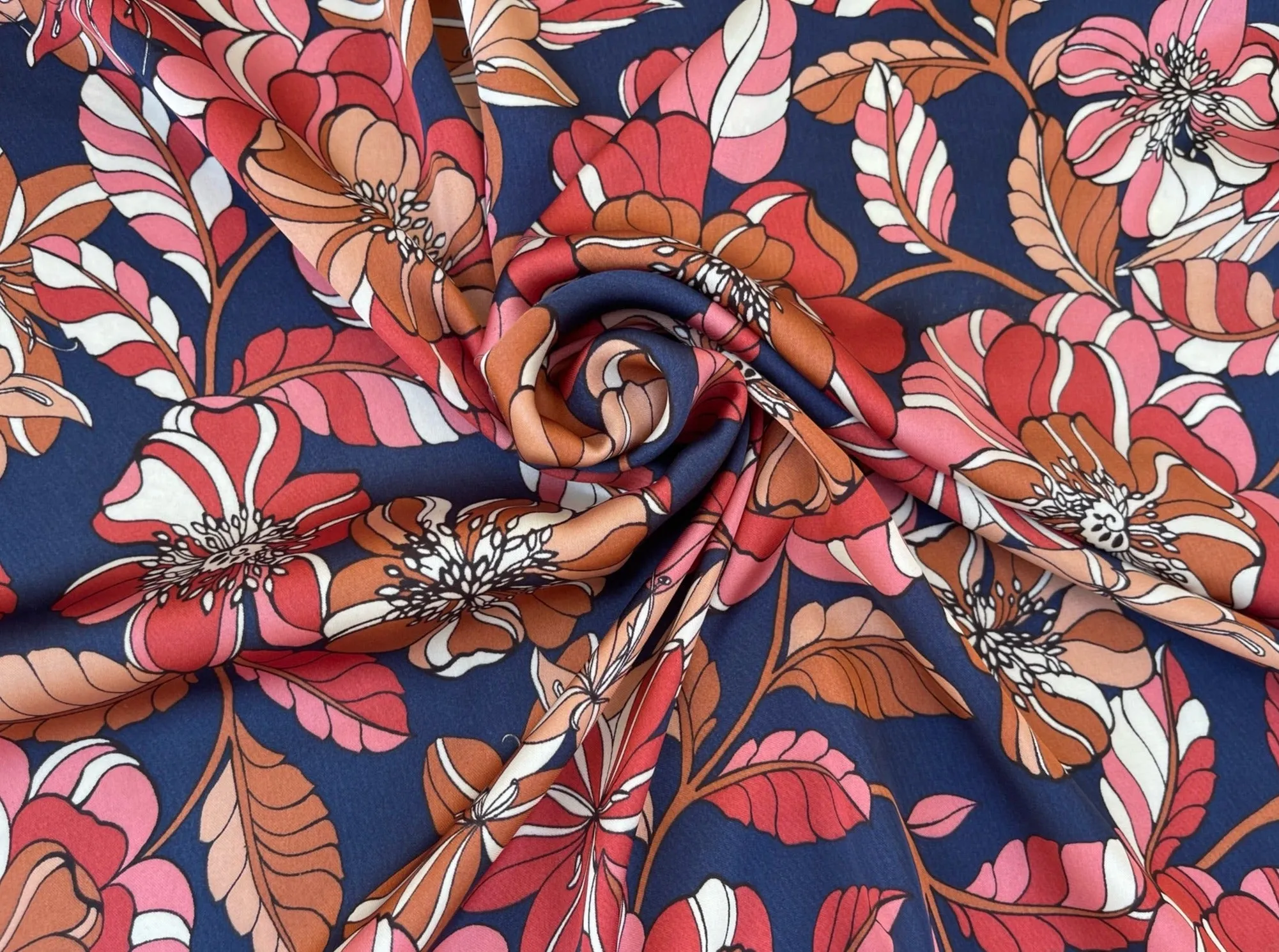 Lightweight  satin fabric by the yard - Navy floral