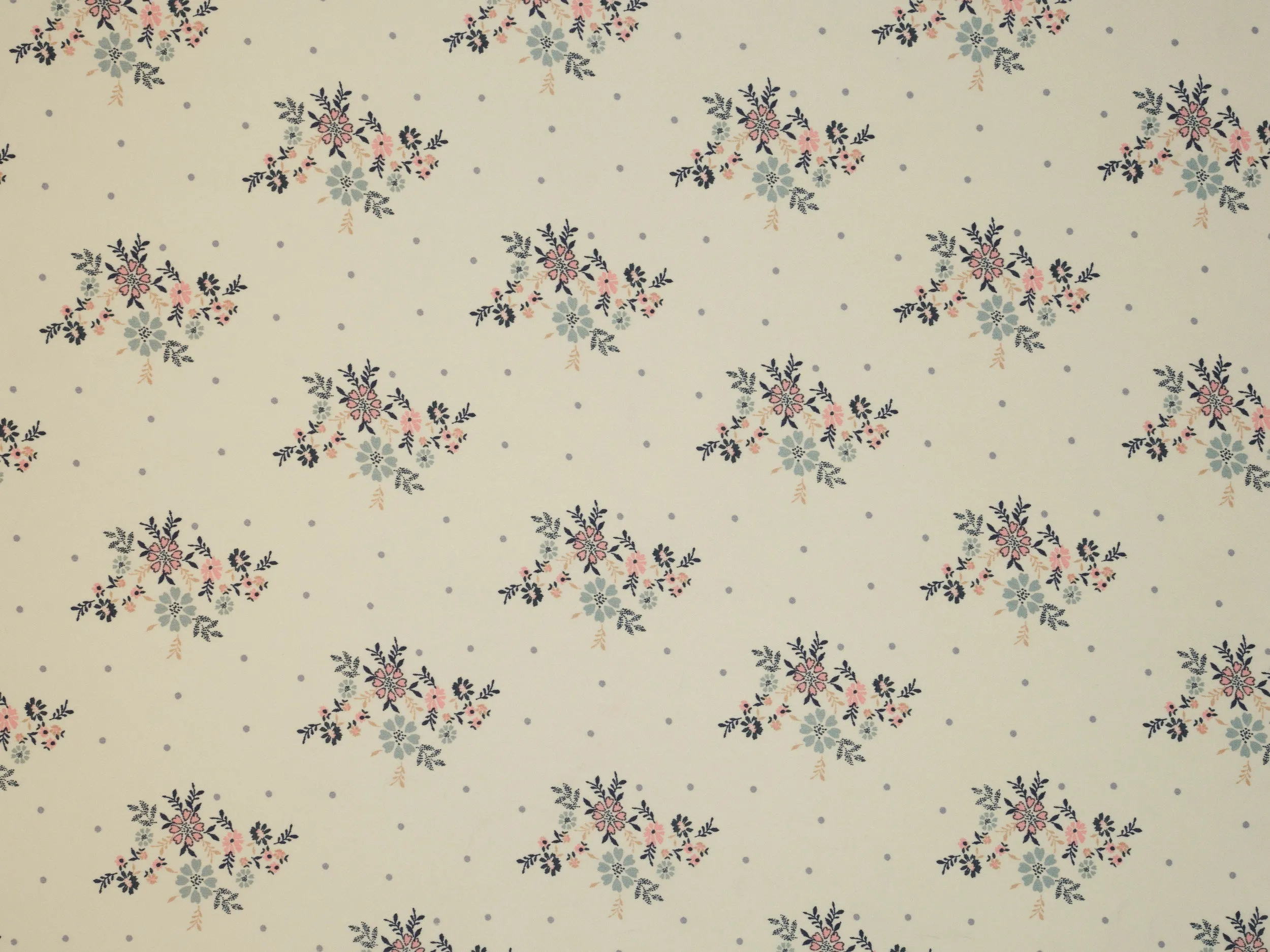 Lightweight  satin  fabric by the yard - Off white Pink gray    floral  and dots  print