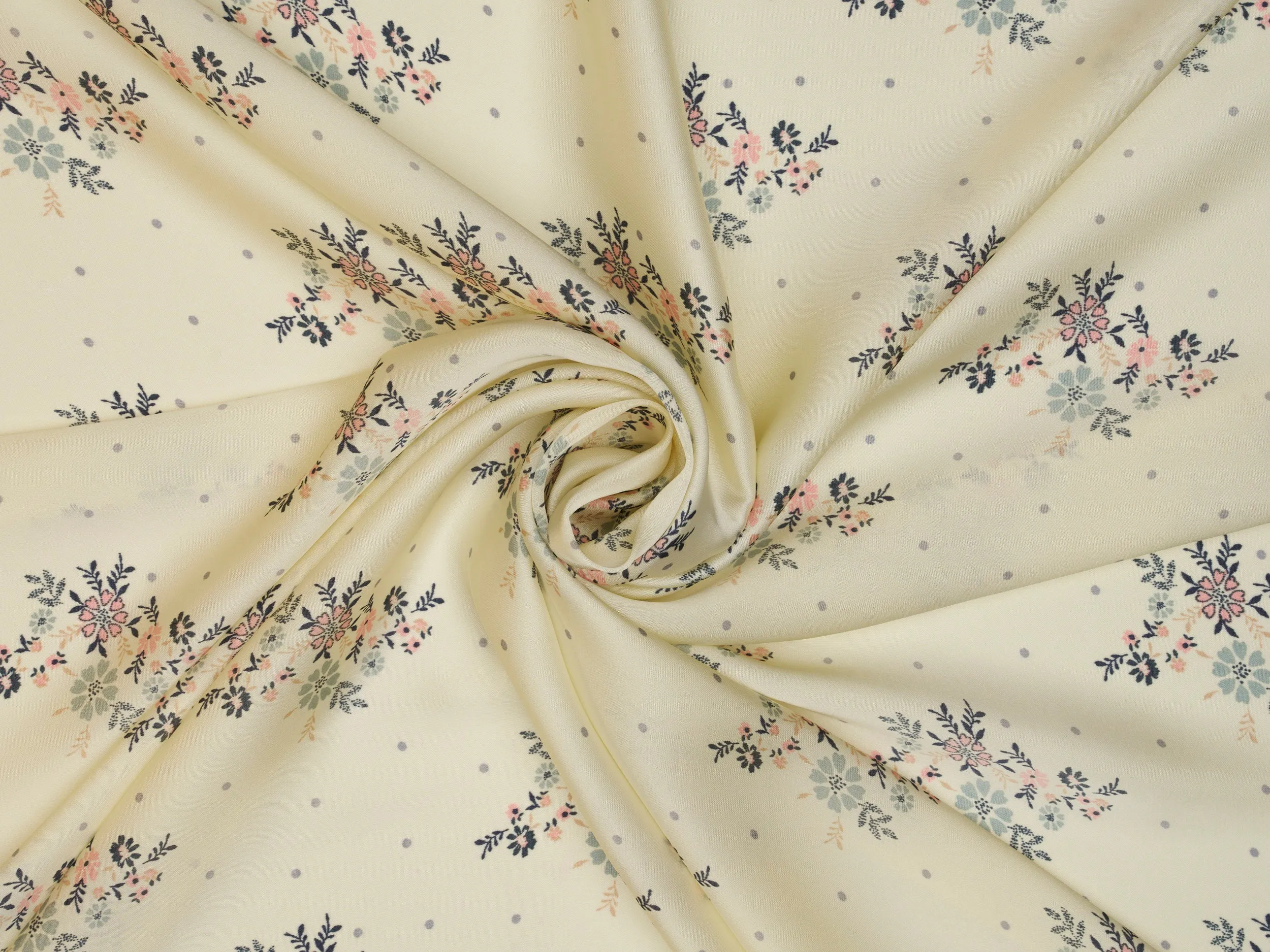 Lightweight  satin  fabric by the yard - Off white Pink gray    floral  and dots  print