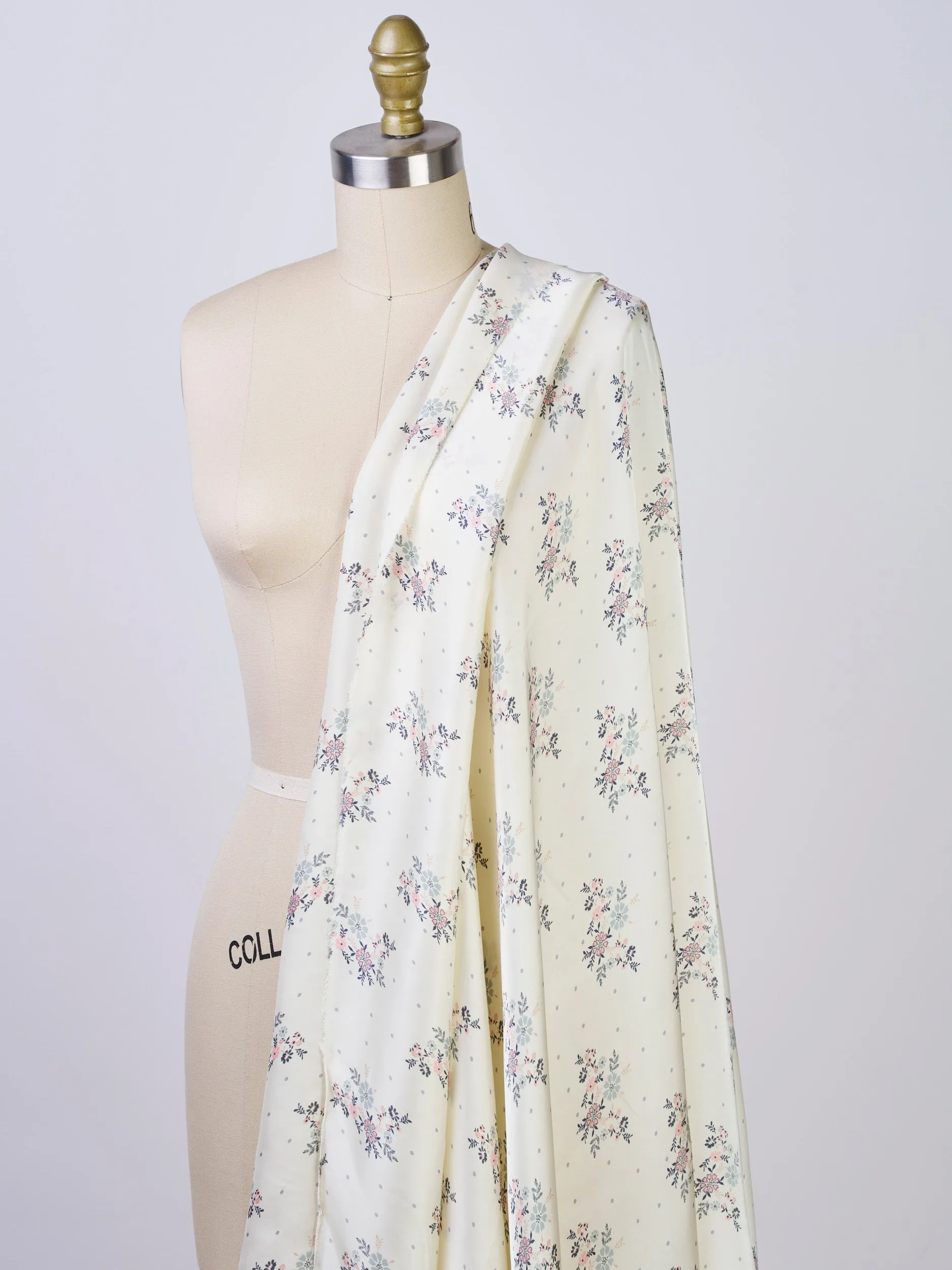 Lightweight  satin  fabric by the yard - Off white Pink gray    floral  and dots  print