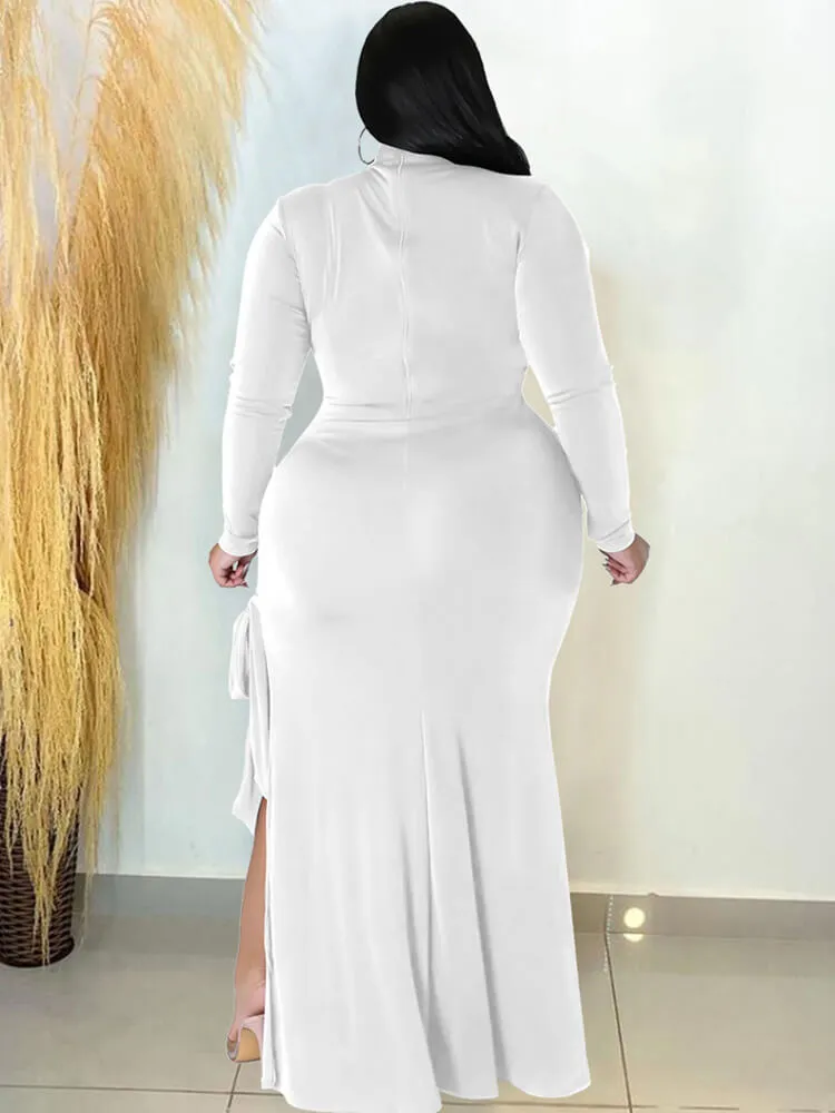 Long Sleeve Solid Lace Up Split Maxi Dresses