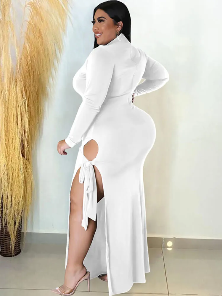 Long Sleeve Solid Lace Up Split Maxi Dresses