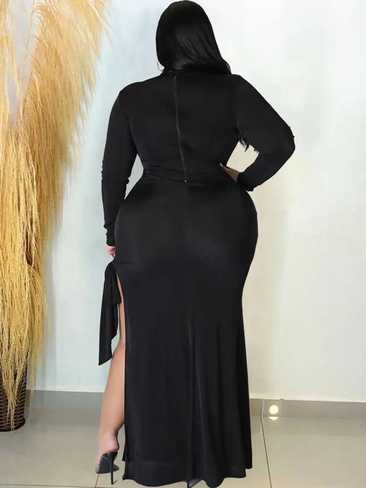 Long Sleeve Solid Lace Up Split Maxi Dresses