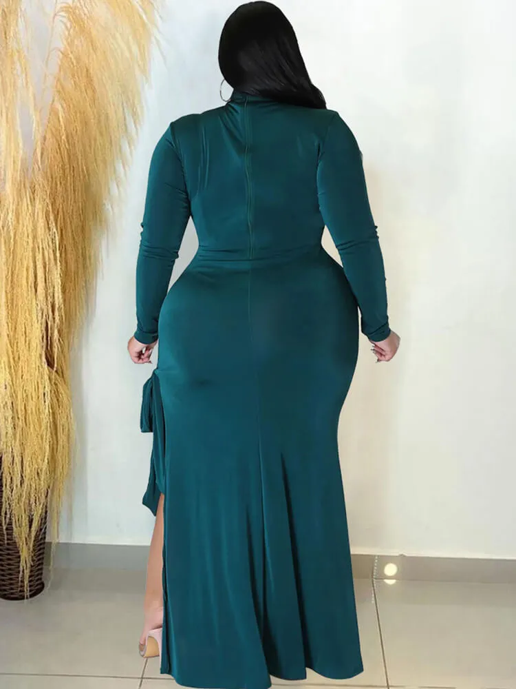 Long Sleeve Solid Lace Up Split Maxi Dresses