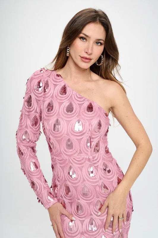 Mauve One Shoulder, Long Sleeve Maxi Dress With Sequence Detailing