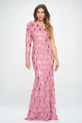 Mauve One Shoulder, Long Sleeve Maxi Dress With Sequence Detailing