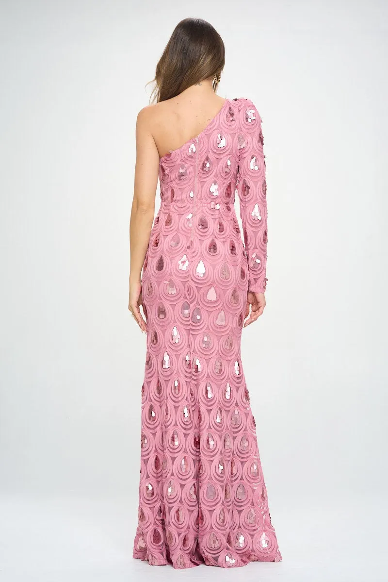 Mauve One Shoulder, Long Sleeve Maxi Dress With Sequence Detailing