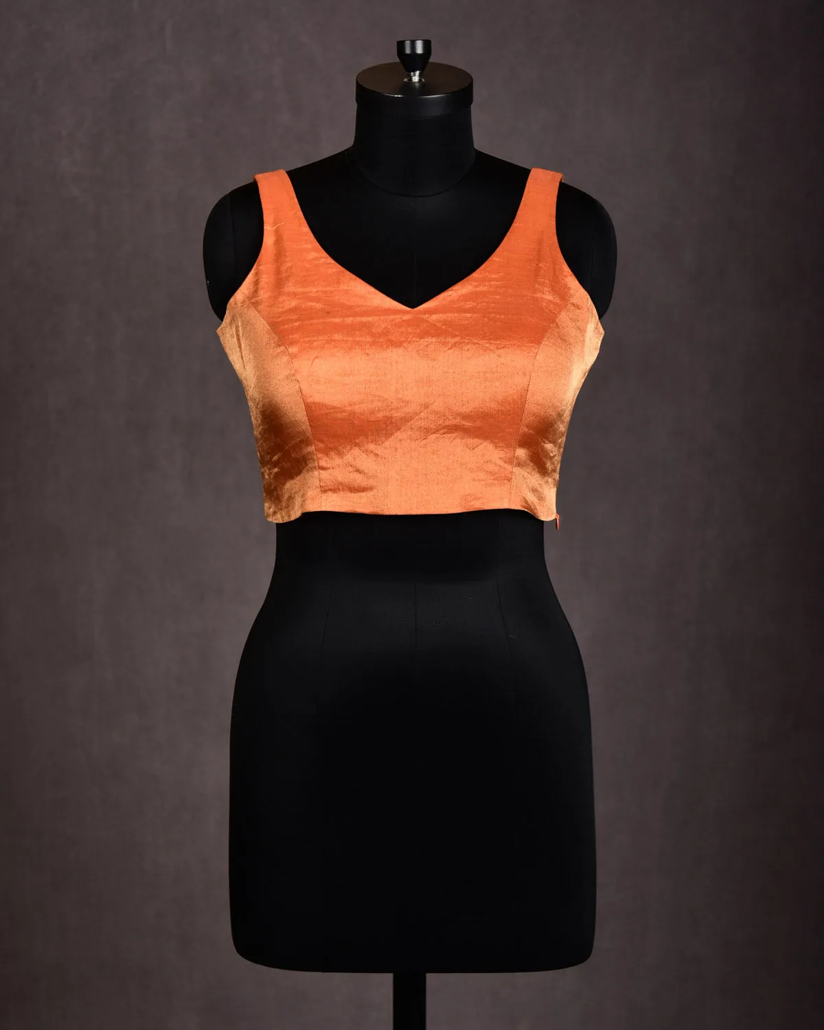 Metallic Orange Princess-Cut V-Neck Cotton Tissue Sleeveless Blouse