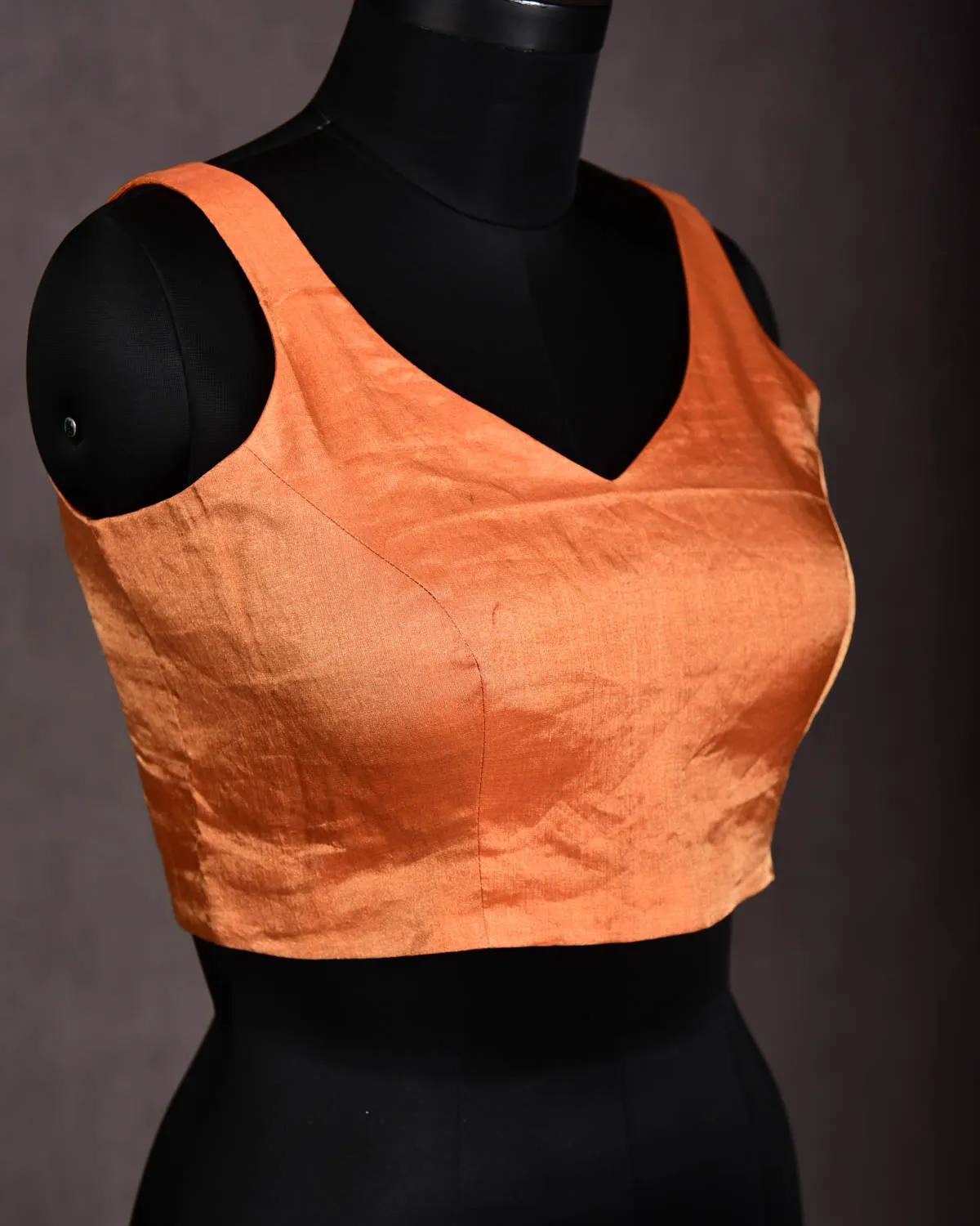 Metallic Orange Princess-Cut V-Neck Cotton Tissue Sleeveless Blouse