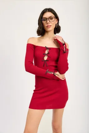 Off Shoulder Bow Detail Ribbed Knit Bodycon Mini Dress