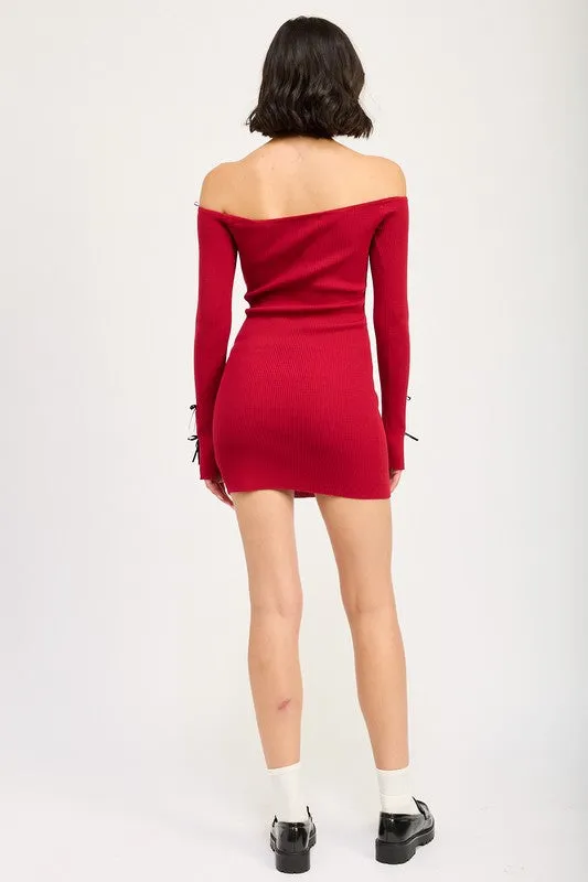 Off Shoulder Bow Detail Ribbed Knit Bodycon Mini Dress
