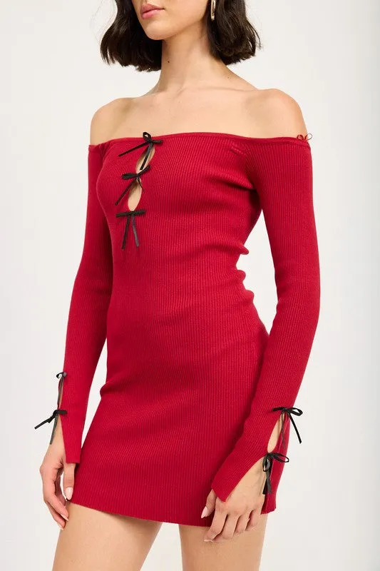 Off Shoulder Bow Detail Ribbed Knit Bodycon Mini Dress