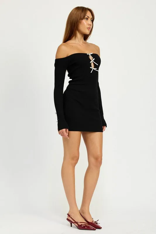 Off Shoulder Bow Detail Ribbed Knit Bodycon Mini Dress