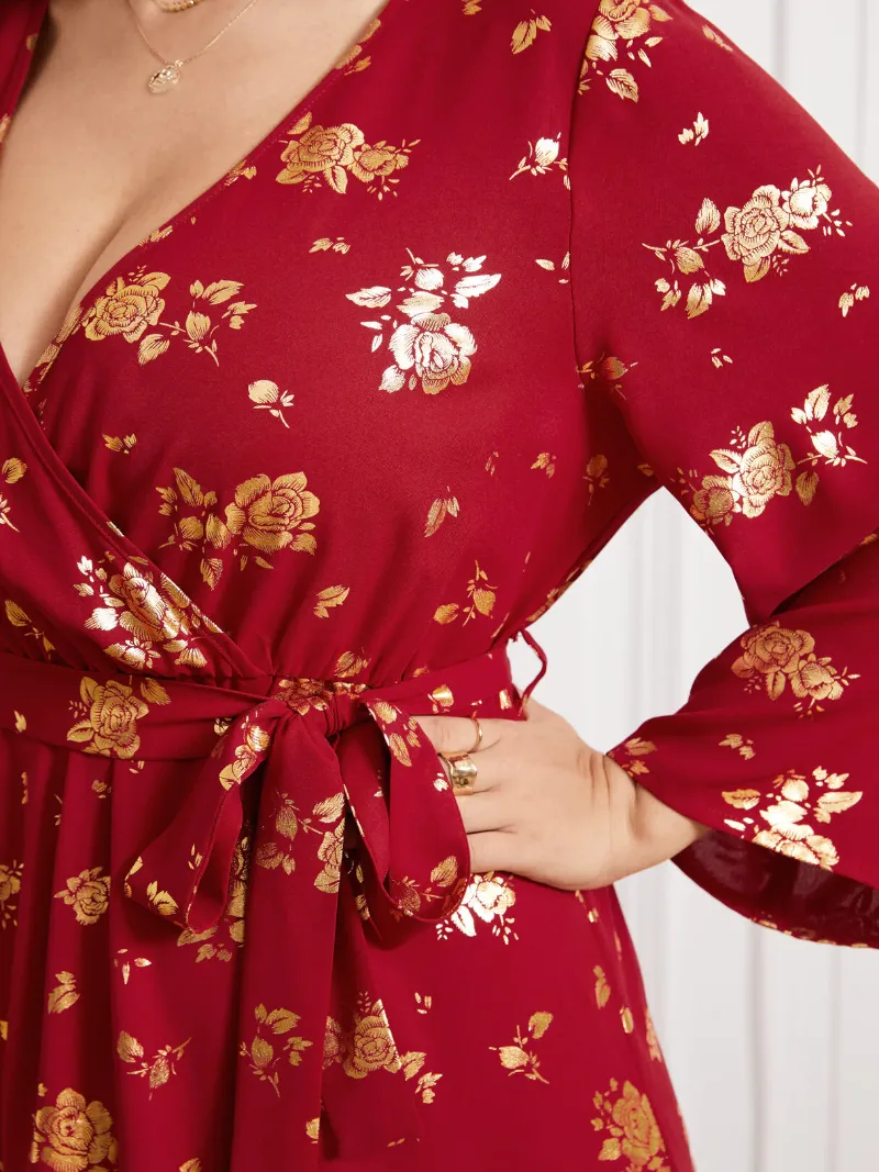 Plus Size V Neck Floral Print Belt Design Dress