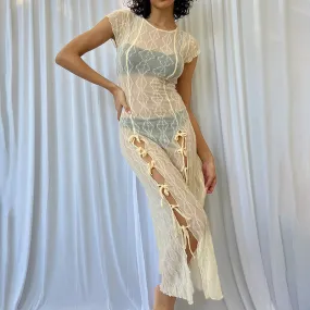 Sheer Lace Pattern Crew Neck Cap Sleeve Bow Vacation Midi Dress - Apricot