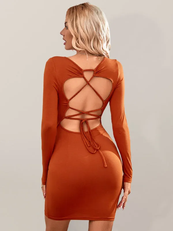 Solid Square Neck Backless Bodycon Dress with Long Sleeves
