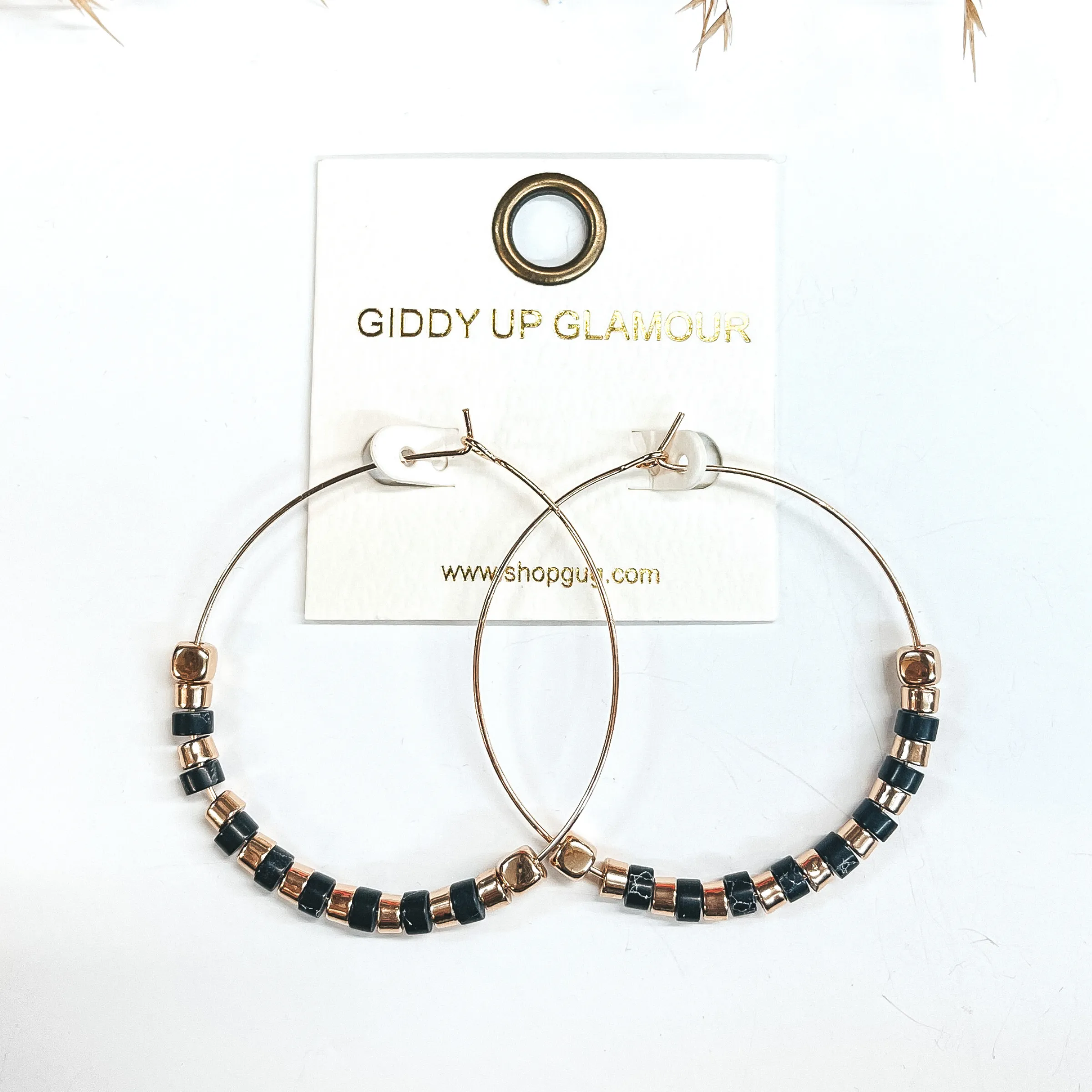 Summer Memories Beaded Gold Hoops in Black