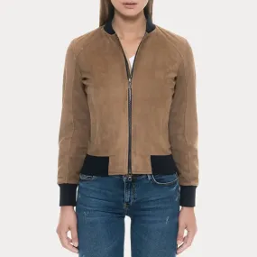 Tan Suede Bomber Jacket with Black Rib Knit Collar & Cuffs