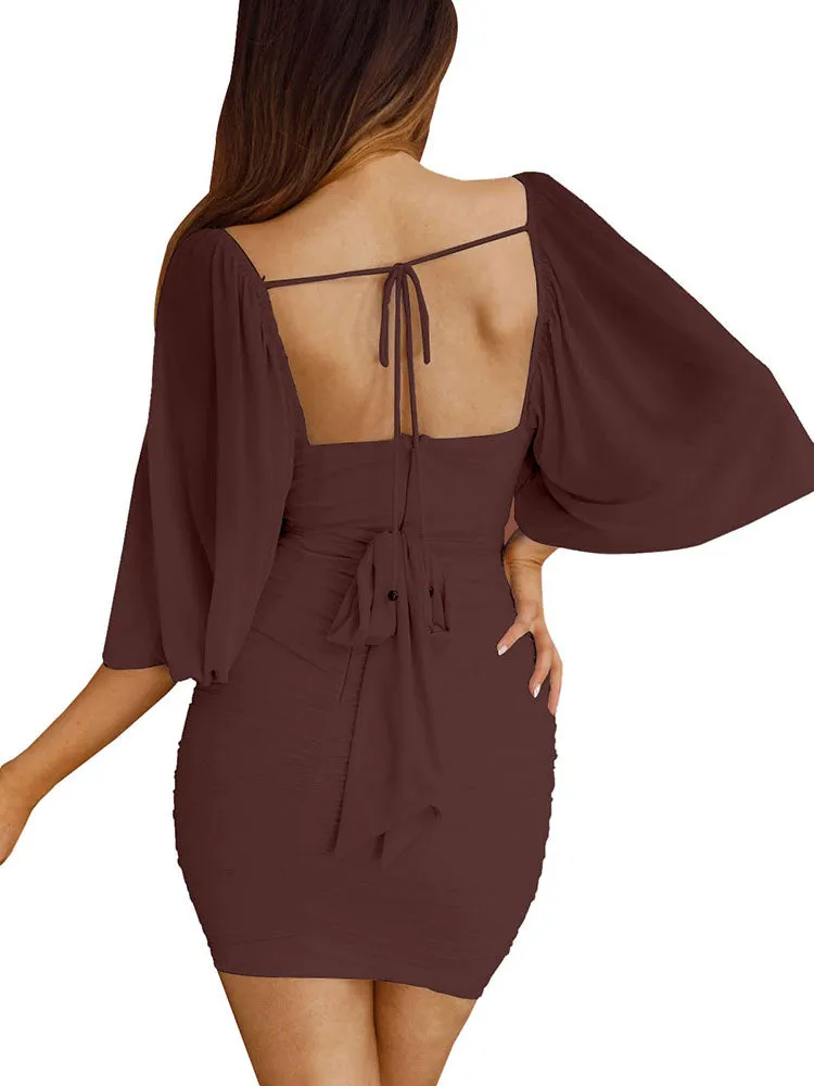 Tie Back Sweetheart Neck Ruched Mini Dresses