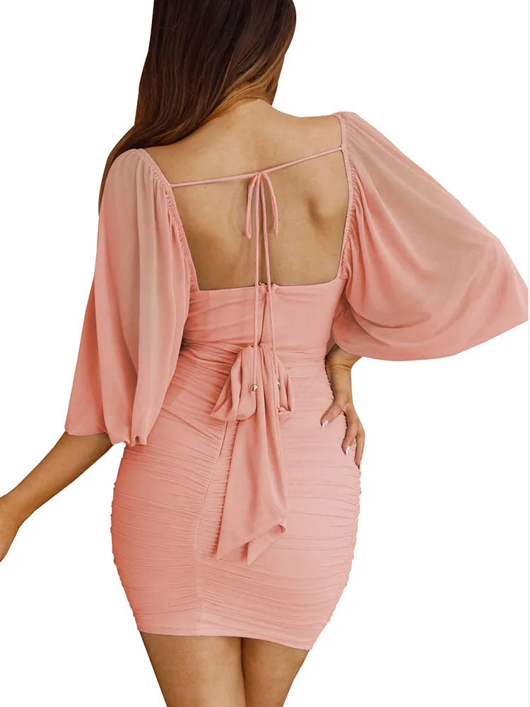 Tie Back Sweetheart Neck Ruched Mini Dresses