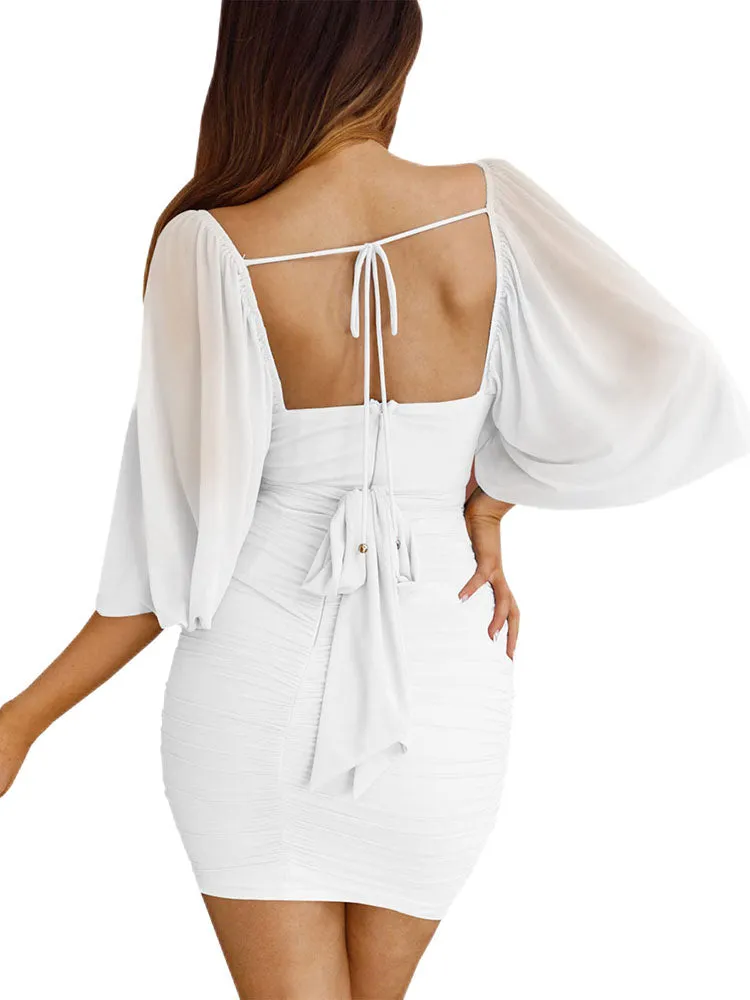 Tie Back Sweetheart Neck Ruched Mini Dresses