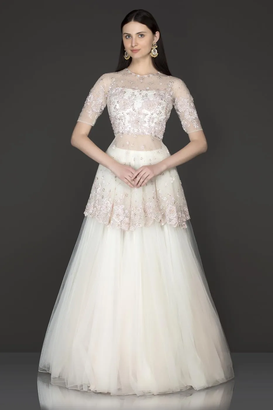 White Colour Net Peplum Top And Net Skirt With Pink Sequence Embroidery