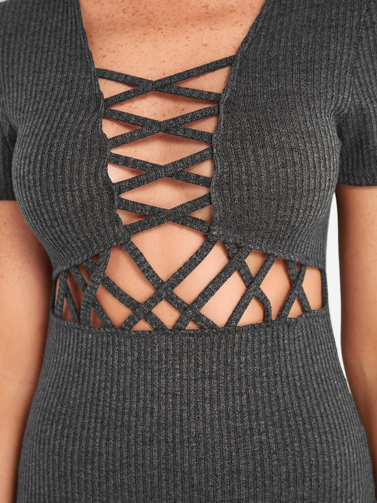 Wholesale Crossed Collar Short Sleeve Zip Back Hollow Criss-Cross Bodycon Dresses