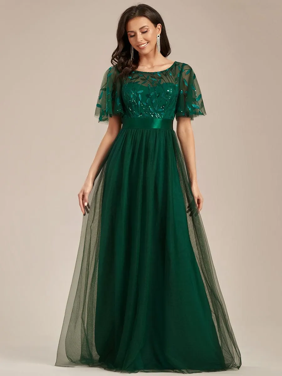 Women's A-Line Short Sleeve Embroidery Floor Length Wedding Guest Dresses
