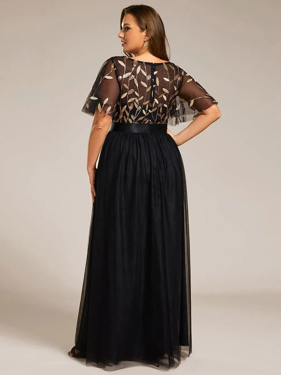Women's A-Line Short Sleeve Embroidery Floor Length Wedding Guest Dresses