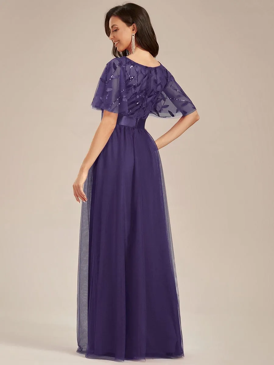 Women's A-Line Short Sleeve Embroidery Floor Length Wedding Guest Dresses
