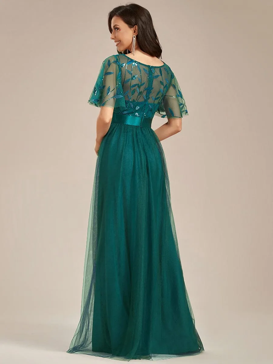Women's A-Line Short Sleeve Embroidery Floor Length Wedding Guest Dresses