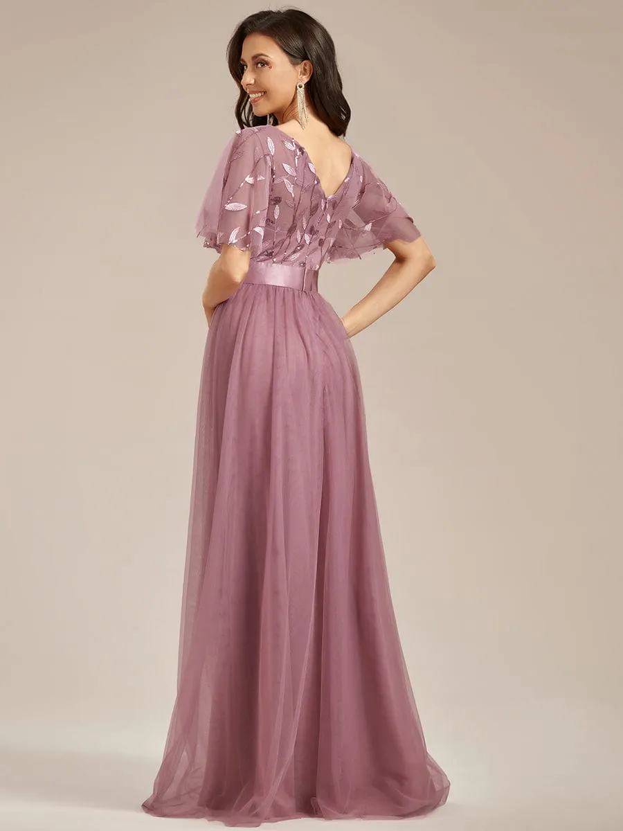 Women's A-Line Short Sleeve Embroidery Floor Length Wedding Guest Dresses