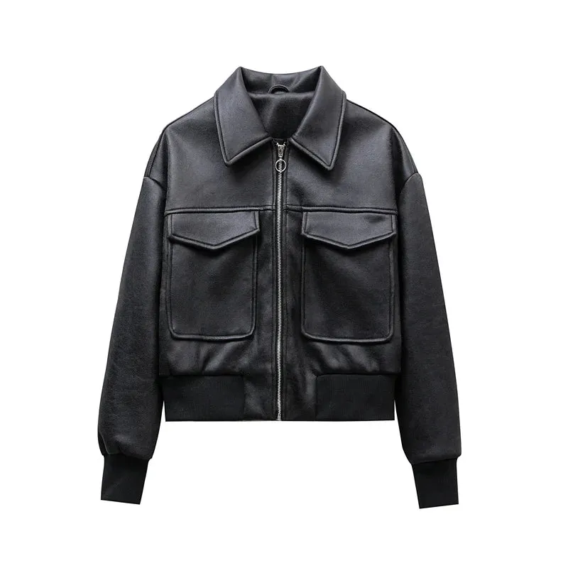 women's short imitation leather bomber jacket Leather jacket for women